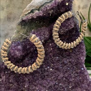 Silvertone Hoop Post Earrings Rhinestone and Leather Wrap Hinged Snapback